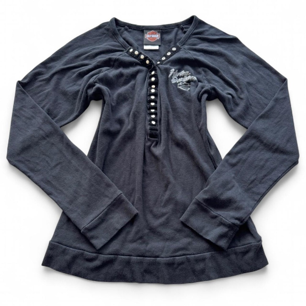 Y2K Black Harley Davidson Palm Beach Henley Long Sleeve Top Large